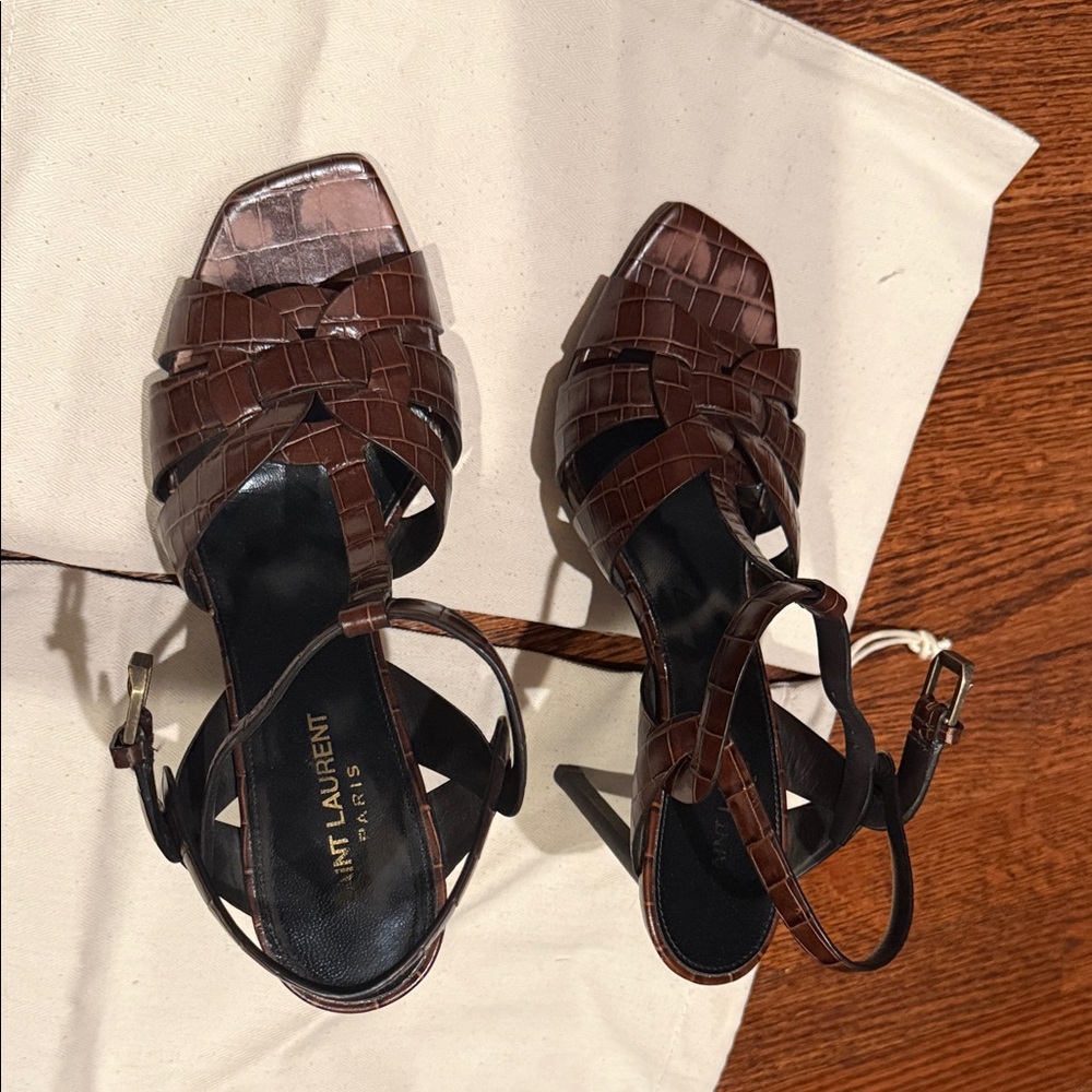 Saint Laurent Dark Brown Croc-Embossed Heels